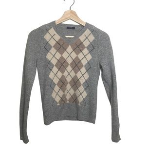 J Crew Women’s Grey and Tan Argyle Wool Pull-Over Sweater